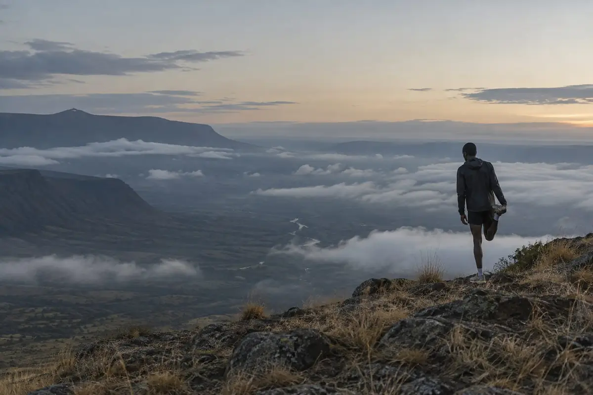 Runner stretching at a viewpoint above the Great Rift Valley before dawn
