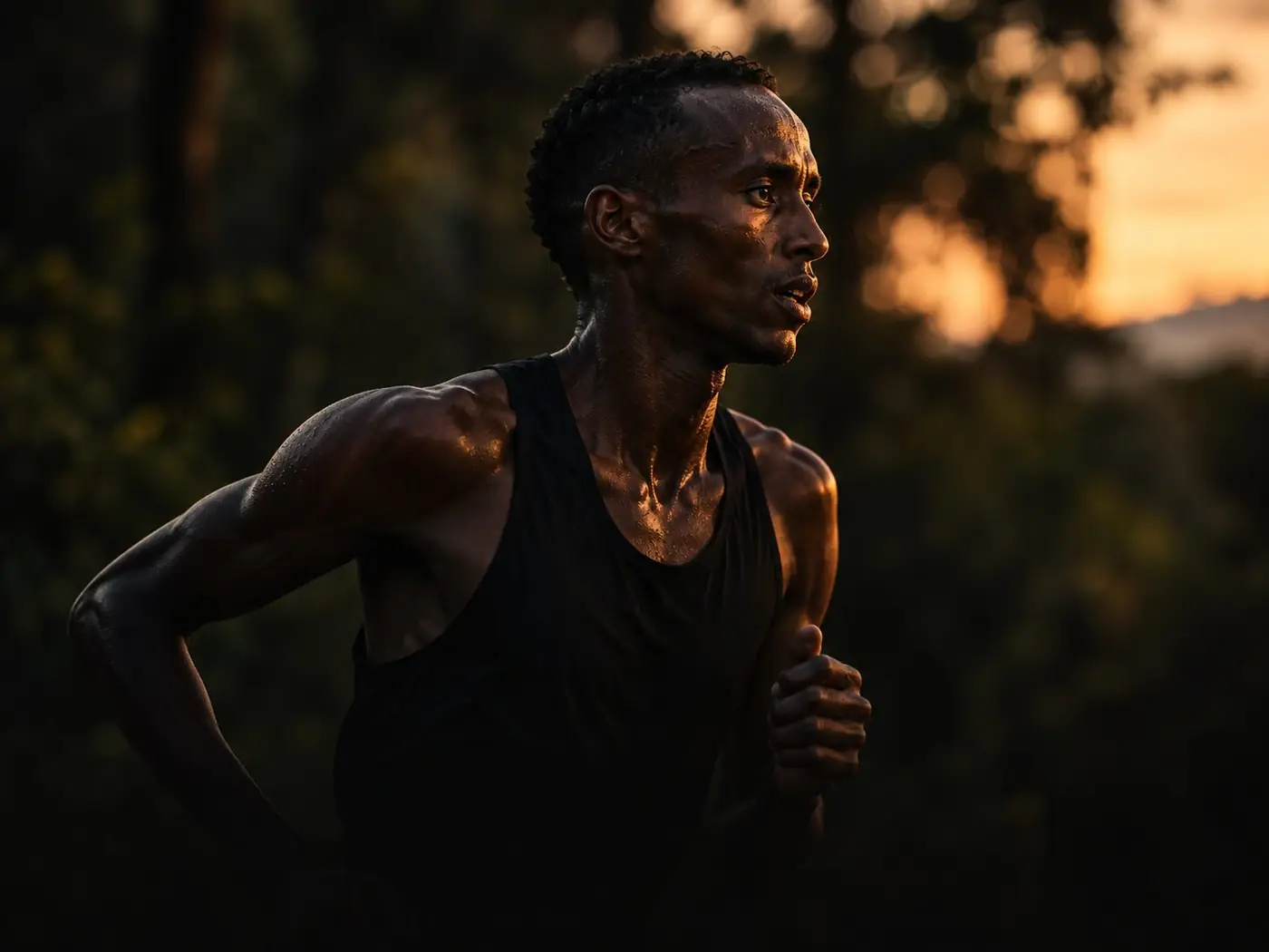 Kenyan distance runner mid-stride in forest light at dusk