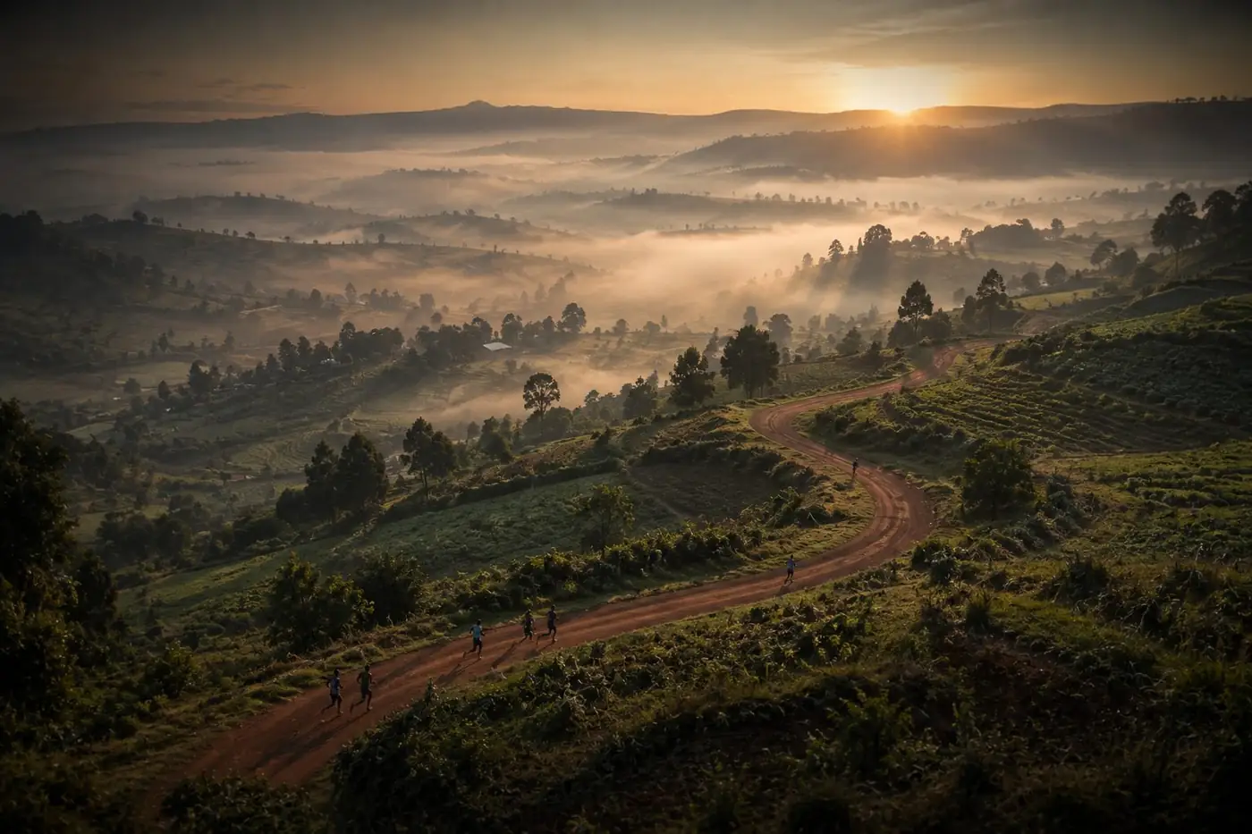 Aerial view of a red-earth running track through misty terraced highlands at sunrise