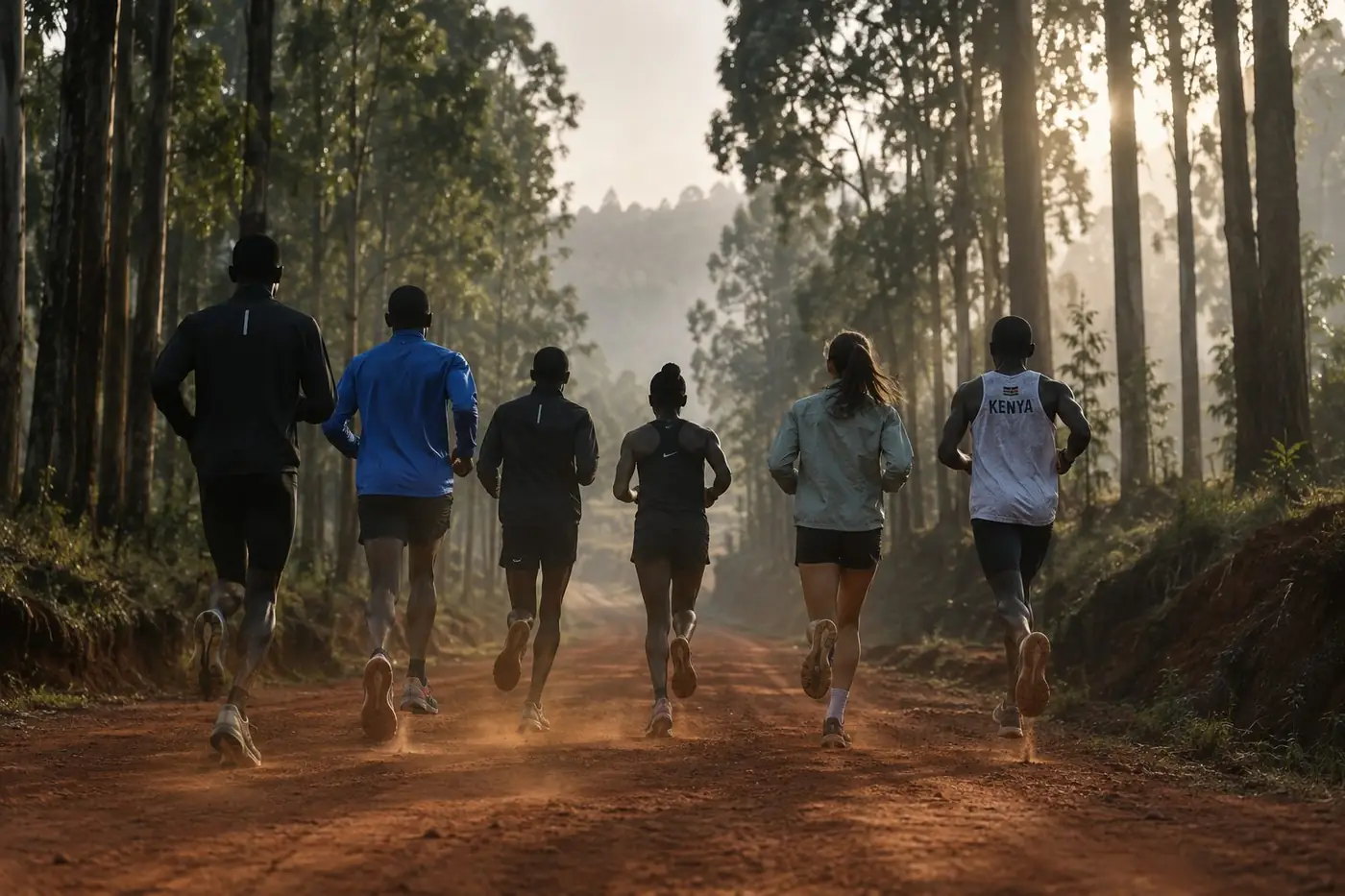 Group of runners training on a red clay road through eucalyptus trees in Iten